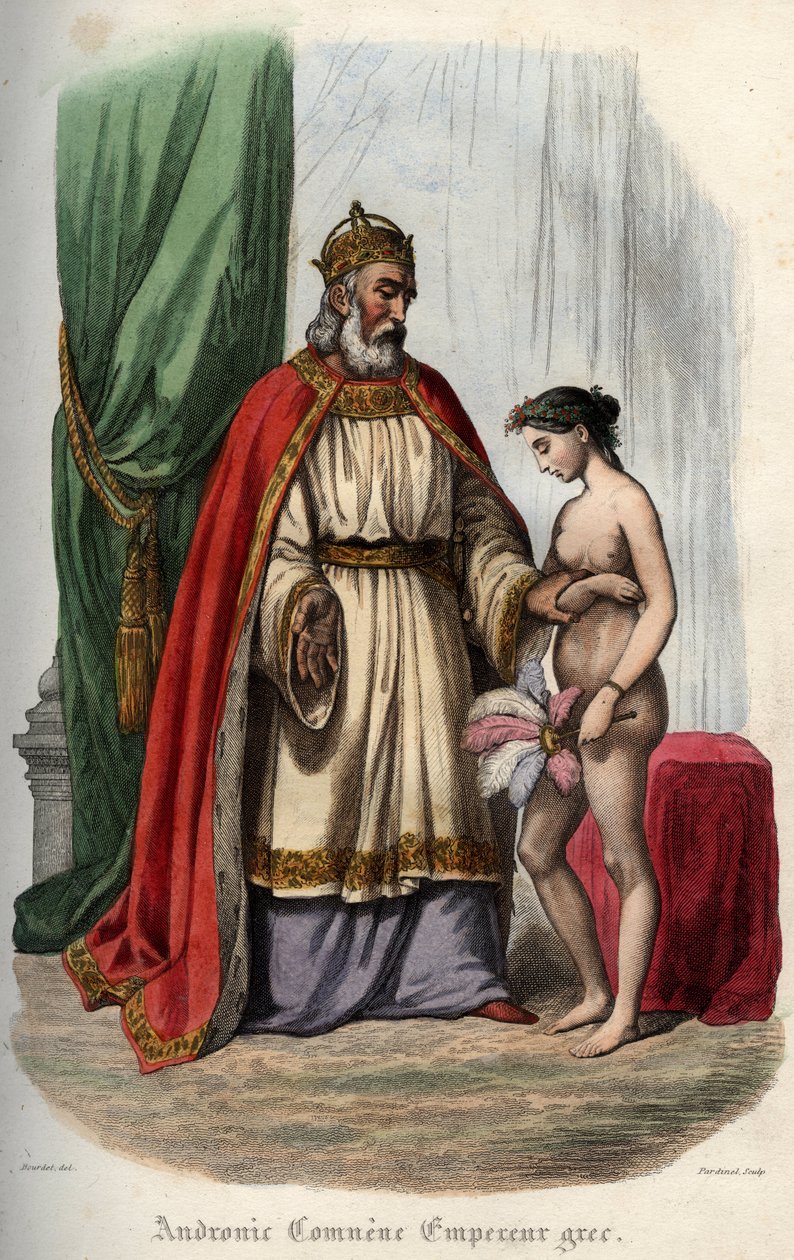 Byzantijnse keizer Andronikos I Komnenos (of Andronicus I Comnenus) (ca. 1118-1185) (Andronic I Comnene) en zijn vrouw Agnes van Frankrijk (1171-1240) die gedwongen wordt naakt te verschijnen voor zijn orgie. Gravure uit 1842 in "Histoire des popes" door M door Unknown artist