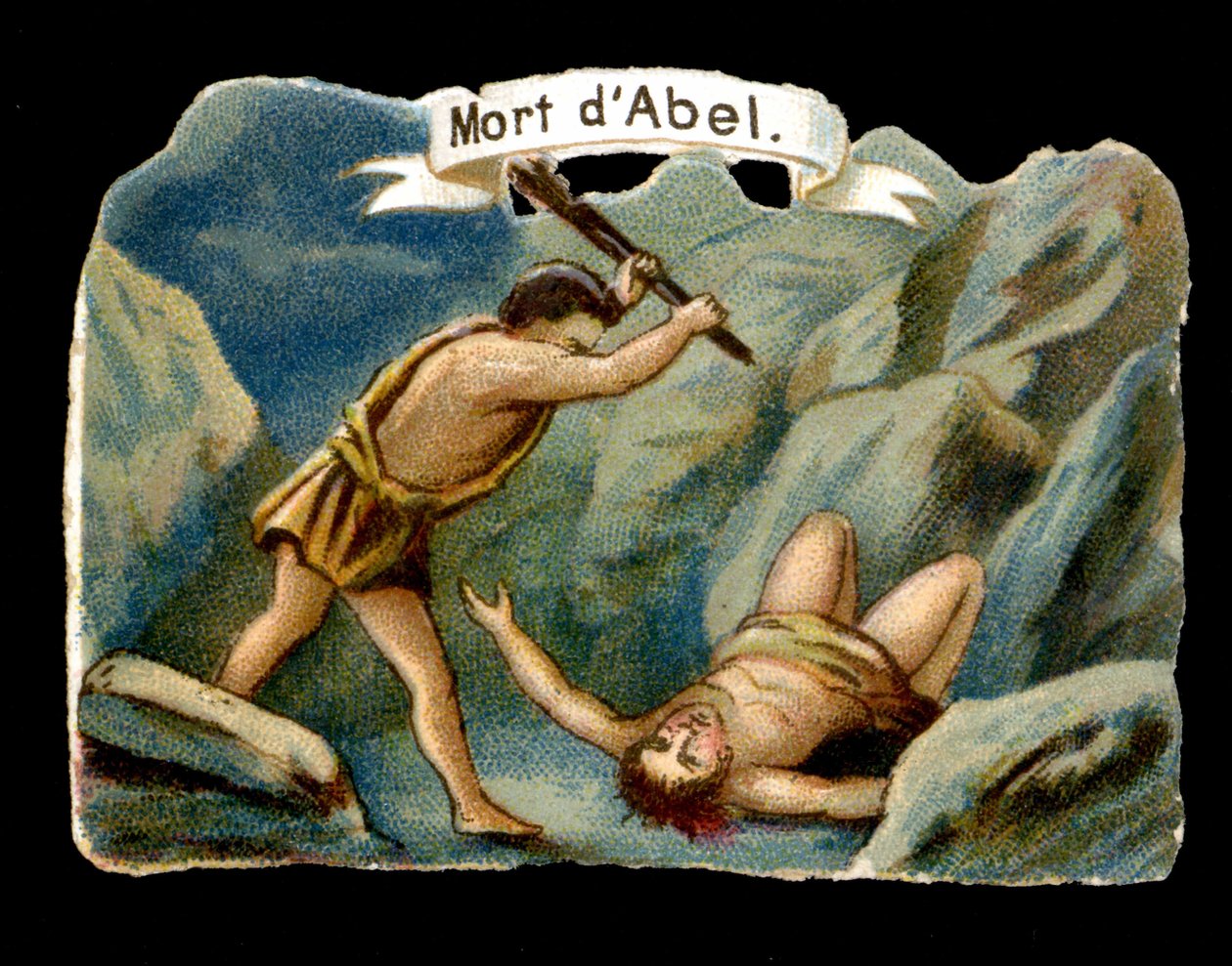 Kaïn doodt zijn jongere broer Abel uit jaloezie (Kinderen van Adam en Eva). Chromolithografie van de 19e eeuw door Unknown artist