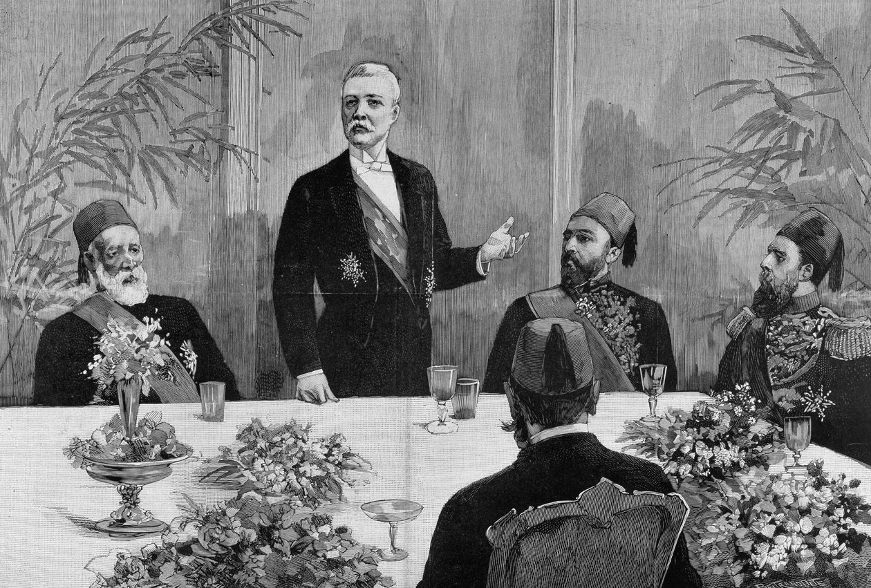 Caïro: Stanley (Sir Henry Morton) (1841 - 1904) houdt een toespraak tijdens zijn banket. Gravure van de 19e eeuw door Unknown artist