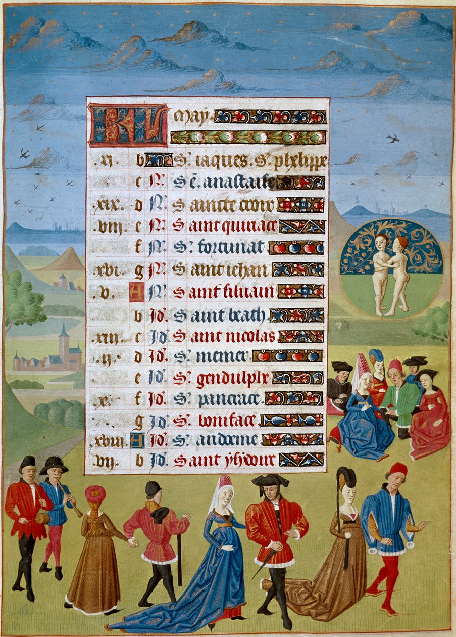 Kalender: de maand mei, dansen en spelen - Miniatuur van de Meester van Jean Rolin uit het manuscript 