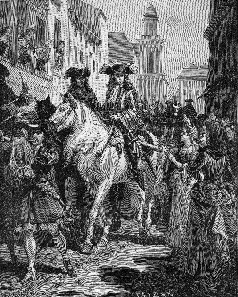 Camisardoorlog (1702-1704): een katholiek probeert de leider van de Camisards, Jean Cavalier (1681-1740), aan te raken. Nîmes, Gard (30). Gravure uit de 19e eeuw. In “Histoire de France” door Jules Michelet door Unknown artist