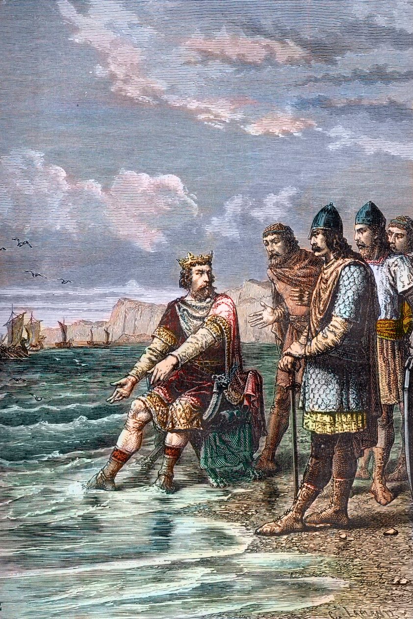 Knoet de Grote overtuigt zijn hovelingen dat hij niet de macht heeft om het tij te keren - Koning Knoet II de Grote (Knud I de Grote) (ongeveer 995-1035), koning van Engeland vanaf 1016, van Denemarken vanaf 1018 en van Noorwegen vanaf 1030 - Hij toont zij door Unknown artist