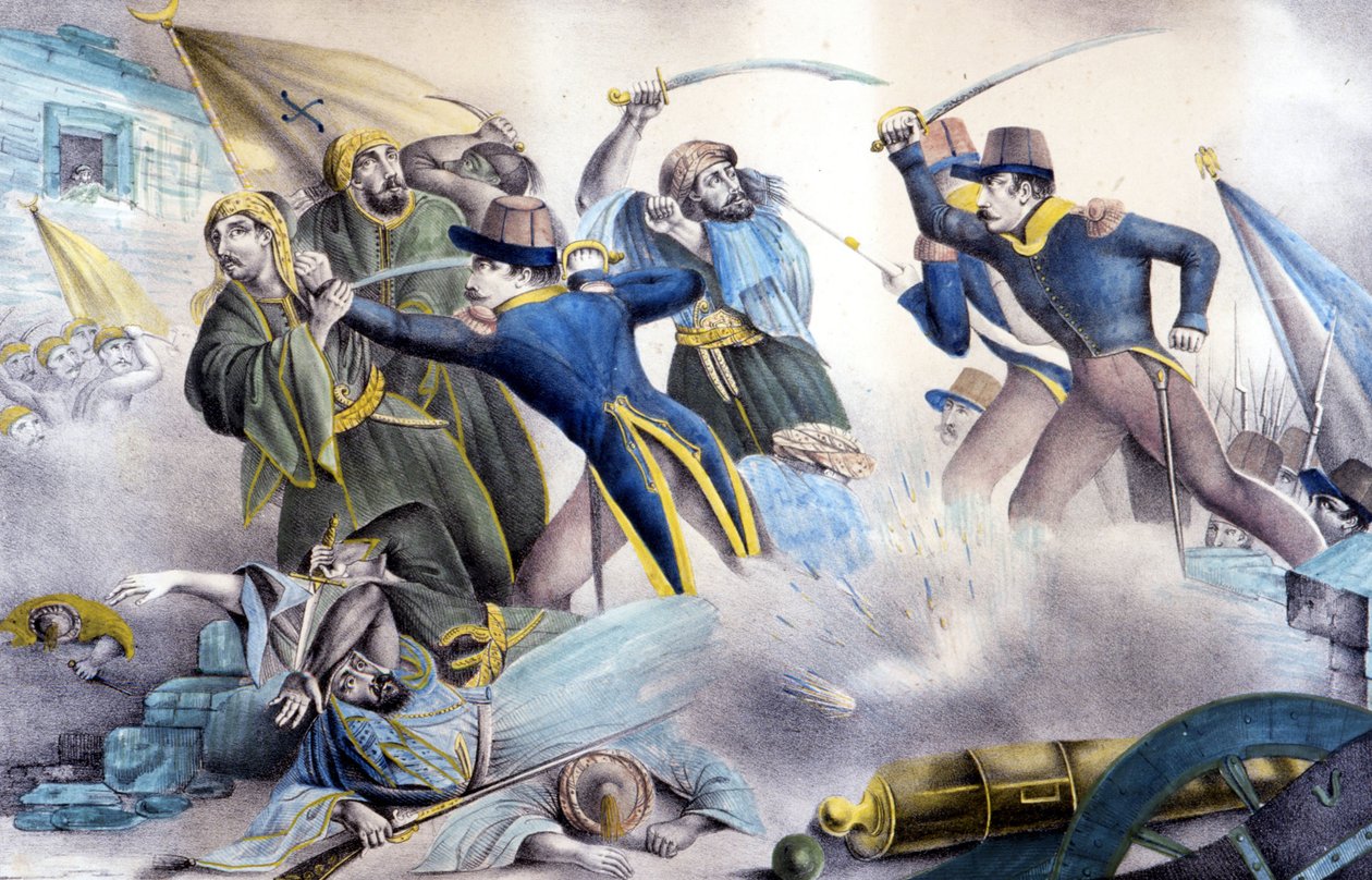 Verovering van Constantine in Algerije in 1837 door maarschalk Valée. Kleur lithografie uit de 19e eeuw door Unknown artist