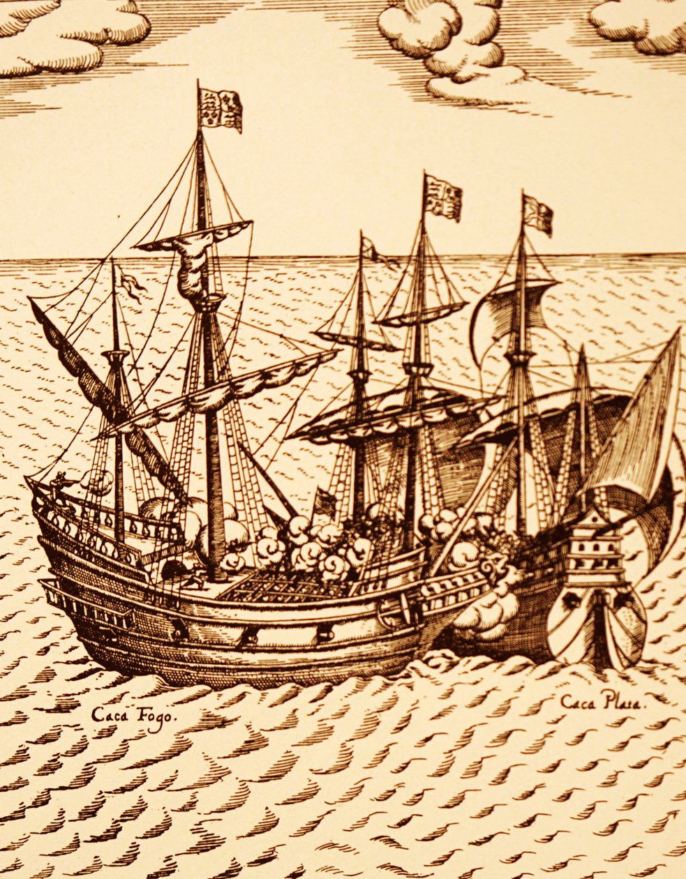 Verovering van het Spaanse galjoen de Cagafuego door de Golden Hind geleid door Francis Drake in maart 1579 (gravure) door Unknown artist