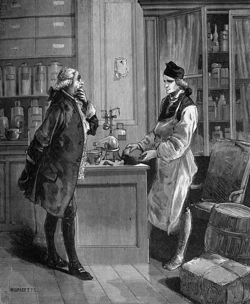 Carl William (Guillaume) Scheele (1742 -1788), Zweedse chemicus in zijn laboratorium met Tobern Bergmann 1735-1784 chemicus door Unknown artist