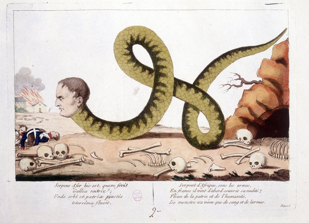 Cartoon over Napoleon I afgebeeld als een slang. Slang van Afrika onder de wapens, in Frankrijk kwam hij eerst om zijn naaktheid te bedekken; Gesel van vaderland en mensheid, het monster leefde alleen van bloed en tranen. - in Napoleon I, karikaturen, dumm door Unknown artist