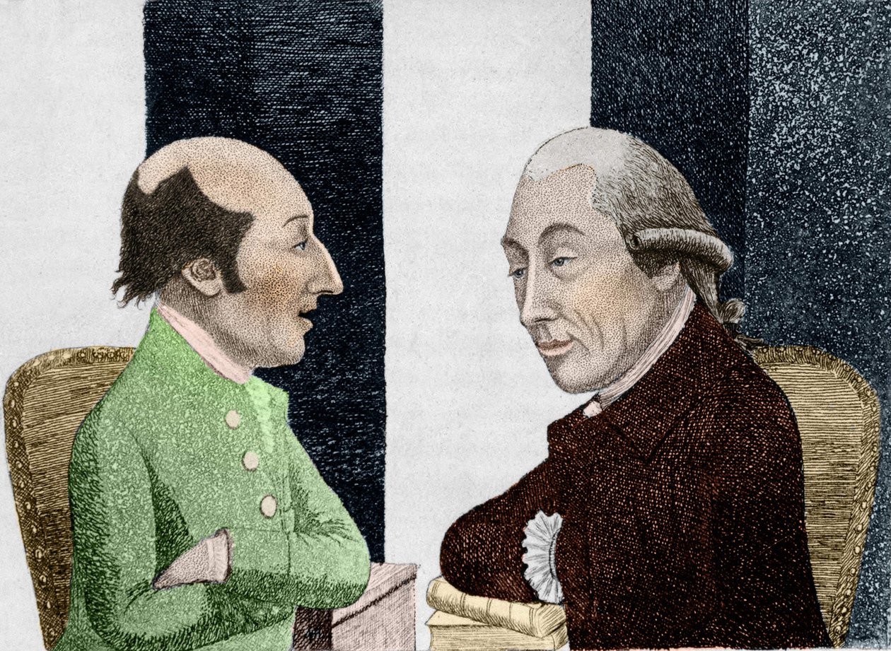 Cartoon door James Hutton (1726 - 1797) links en Joseph Black (1728 - 1799) rechts. Gravure begin 19e eeuw door Unknown artist