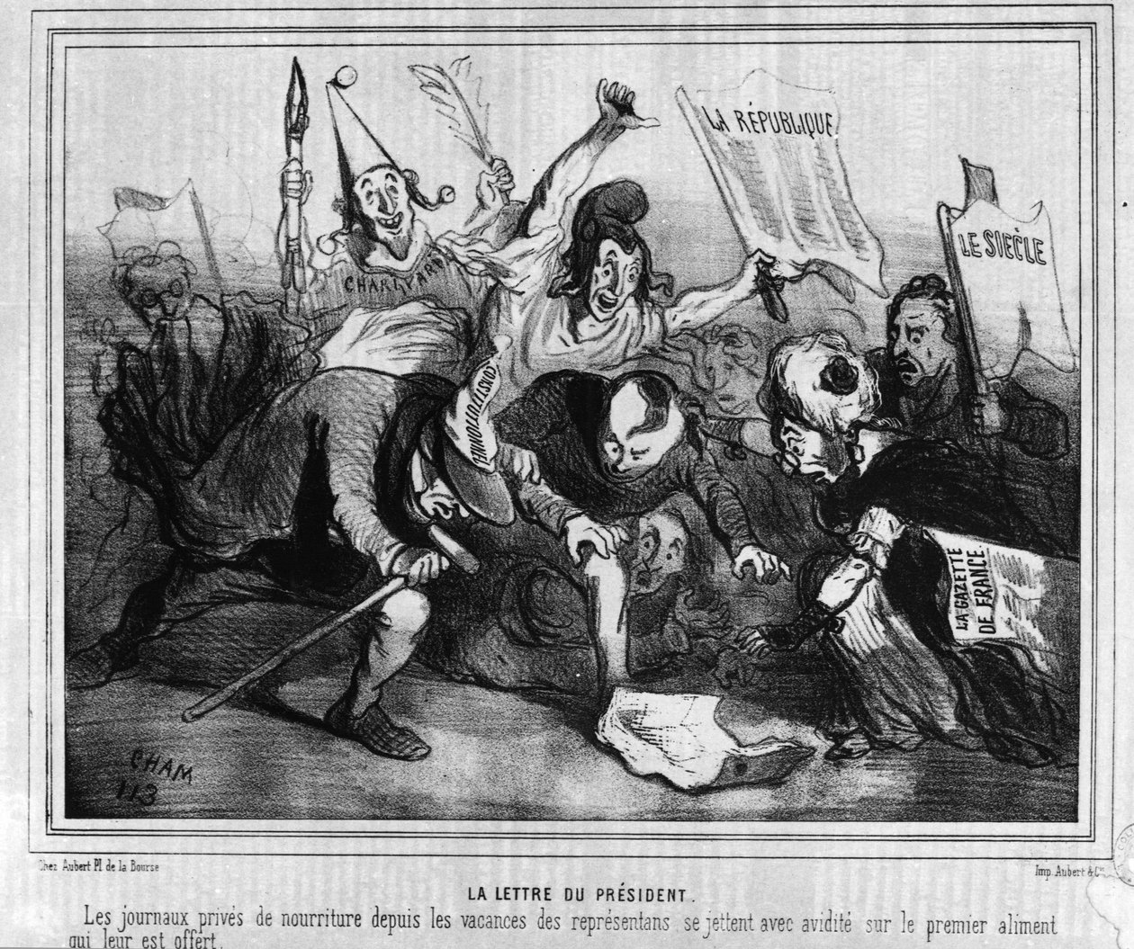 Cartoon over de verkiezingscampagne voor de eerste presidentsverkiezing van 10 december 1848 met de Slag van de Kranten door Unknown artist