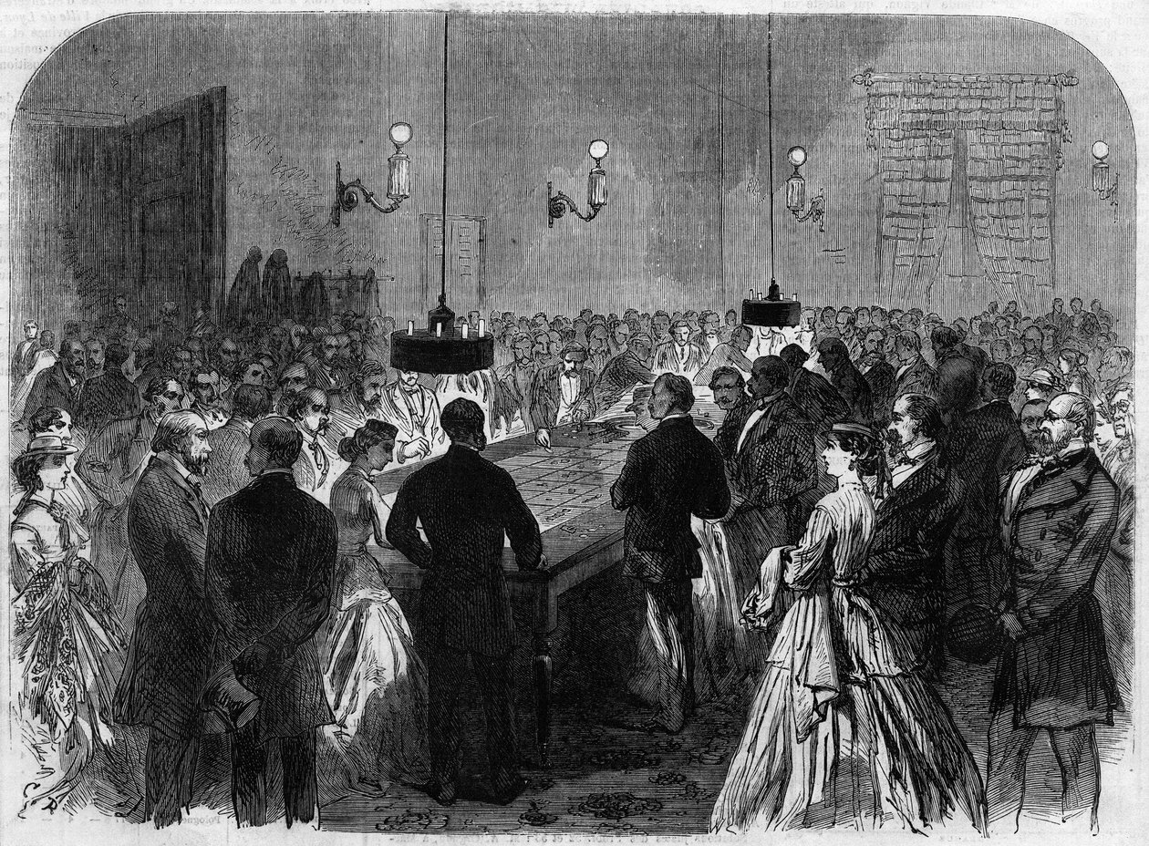Casino speelkamer in Duitsland in een kuuroord. Gravure naar het schilderij van Hogson. Gravure in 