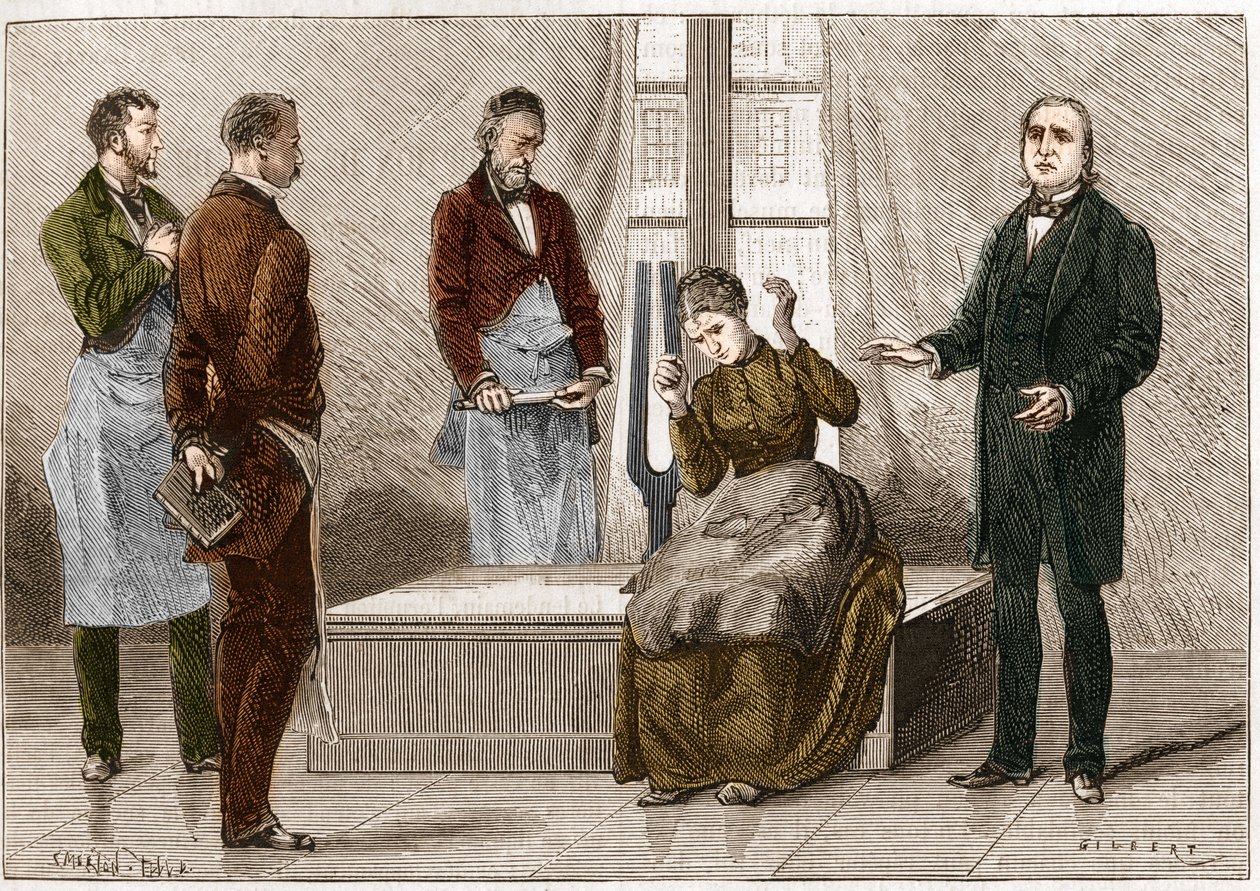 Katalepsie veroorzaakt onder invloed van geluid (stemvork). Franse neuroloog Jean Martin Charcot (1825-1893) (rechts) demonstreert hypnose op een patiënt in het Salpêtrière ziekenhuis. Illustratie uit 