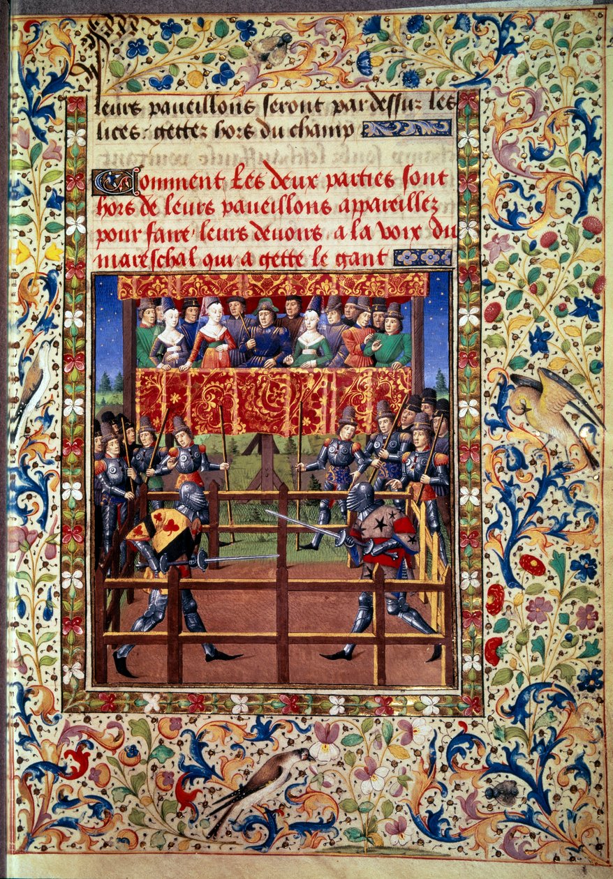 Ceremonies en ordinanties als een belofte van strijd: duel in gesloten veld tussen twee ridders. Miniatuur uit een manuscript van Jean de Rolin (15e eeuw) 1460 Parijs, B.N. door Unknown artist