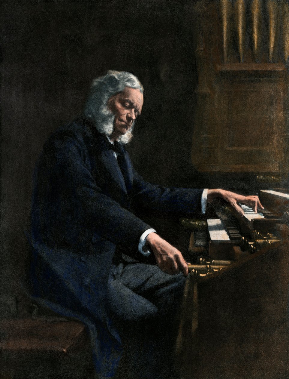Cesar Franck (1822-1890) speelt orgel in de kerk Saint Clothilde in Parijs (Frankrijk) - Colorisee illustratie door Unknown Artist