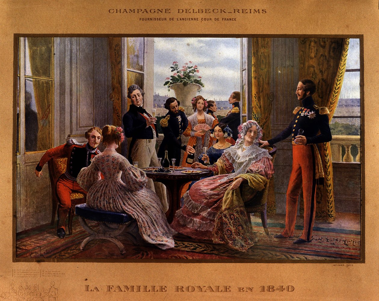Champagne geserveerd aan de koninklijke tafel in 1840 - Reclameposter voor Delbeck champagne, eind 19e eeuw door Unknown artist