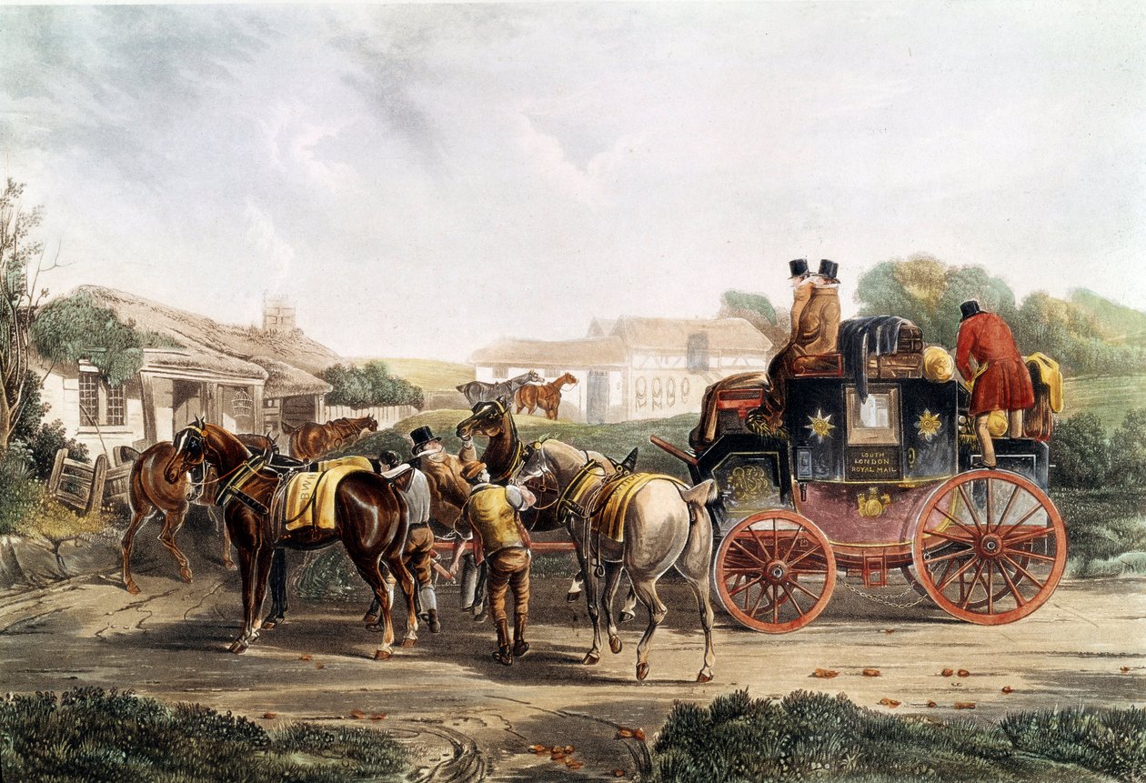 Wisseling van het span bij de herberg tijdens een reis per koets door Unknown artist