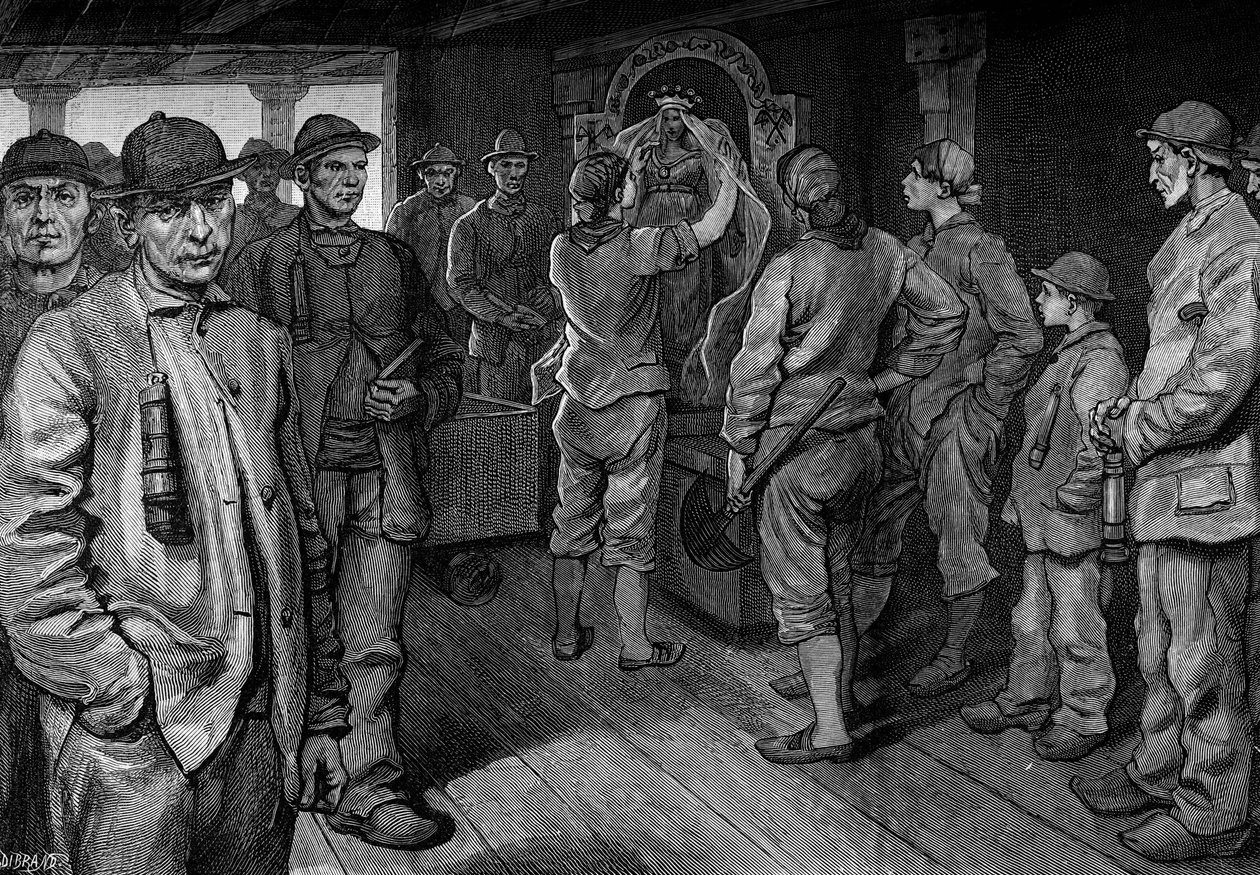 Kolenbranders versieren het standbeeld van Sint-Barbara. Gravure in 