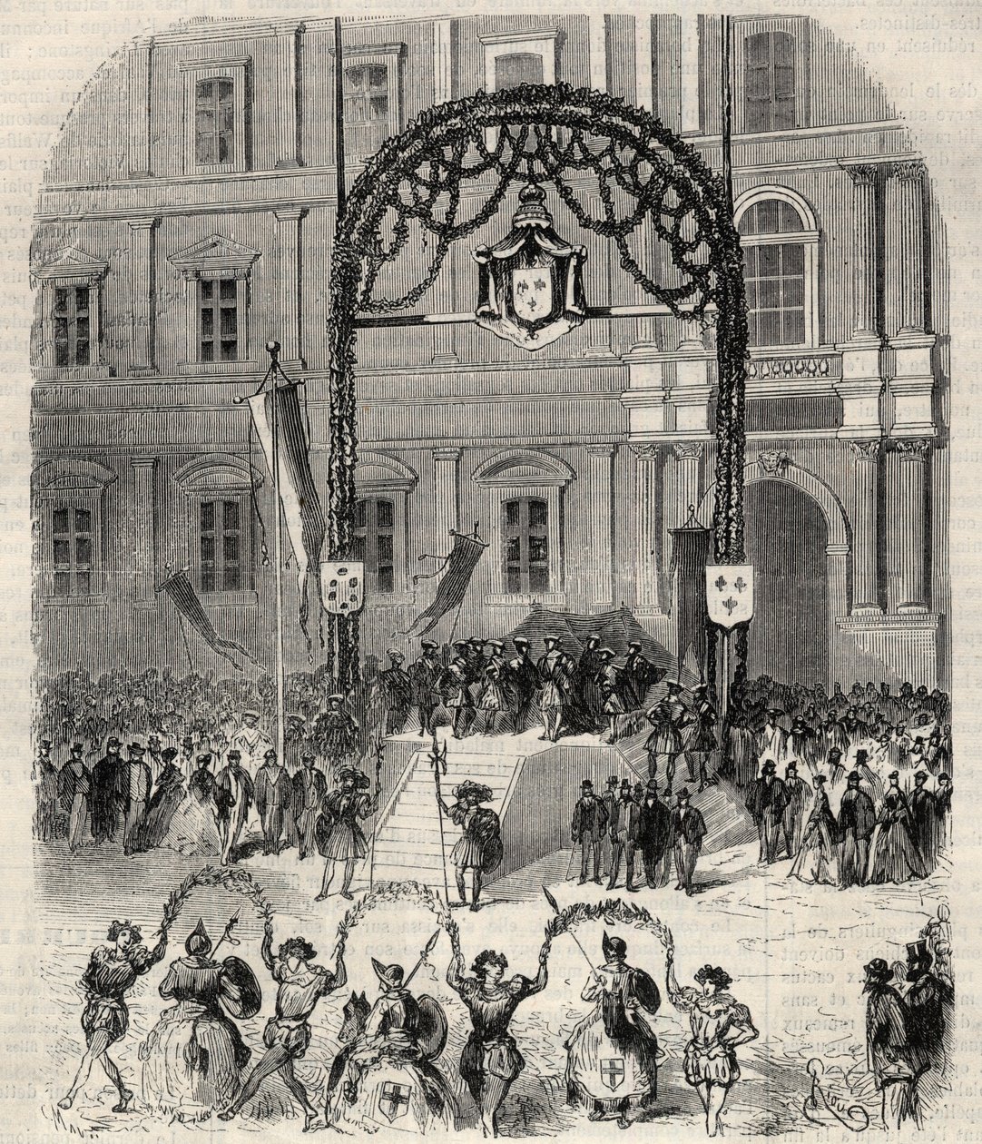Liefdadigheidsfeesten in Marseille ter herdenking van de aankomst van Frans I waar hij paus Clemens VII ontmoette: farandole gedanst op het Saint-Ferreolplein voor de tribune van koning Frans I. Gravure in 
