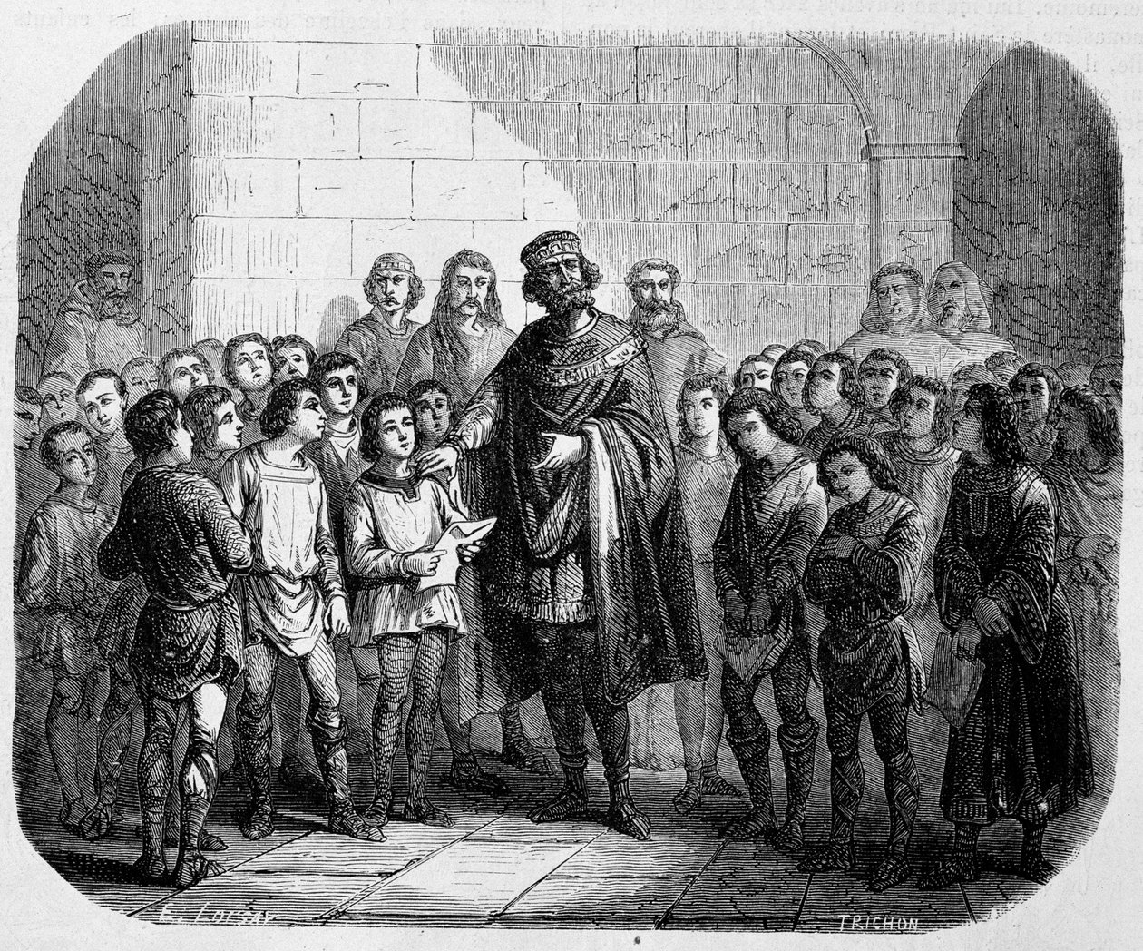 Karel de Grote bezoekt een school - in History of Popes, Kings, Queens, Emperors, through the centuries door Maurice Lachatre door Unknown artist