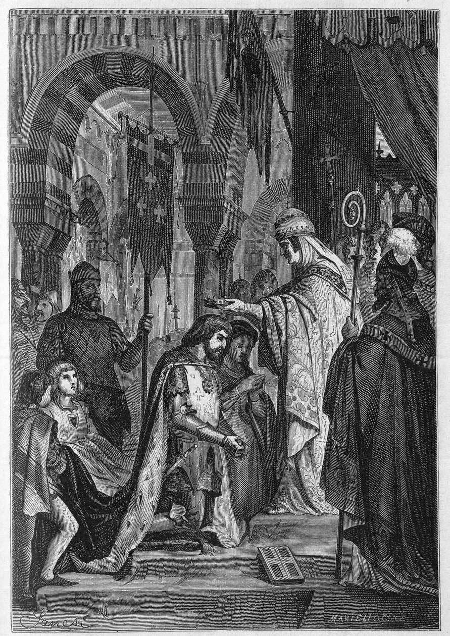 Karel I van Anjou (Karel I van Sicilië) (1226-1285) werd op 28/06/1265 door Paus Clemens IV (ca. 1195-1268) geïnvesteerd in het Koninkrijk Sicilië door Unknown artist