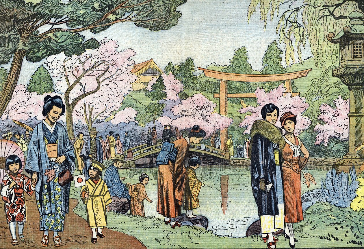Kersenbloesems in de lente, Japan (Japanse kersenbloesems in Japan in de lente, april 1933) Illustratie uit "Le pelerin" 1933 Privécollectie door Unknown Artist