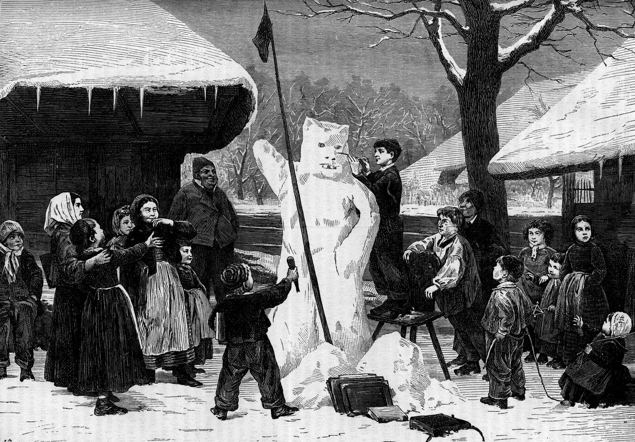 Kinderen maken een sneeuwpop in een dorp in de Alpen. Gravure in 
