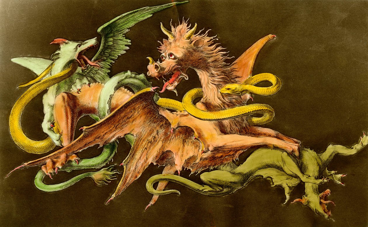 Chimères Een draak vecht tegen twee monsters. Gravure uit de 19e eeuw. door Unknown artist