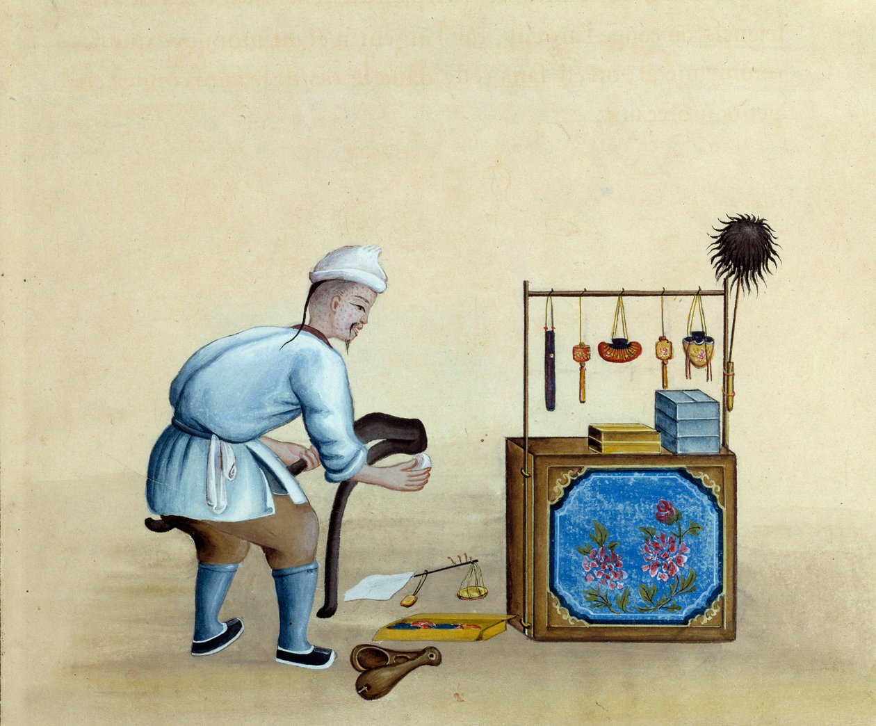 Chinese koopman die scharen slijpt om zilverbaren te snijden. Tekening uit de 17e eeuw. Parijs. B.N. door Unknown artist