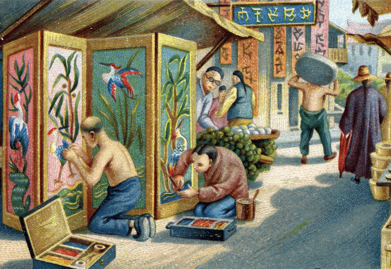 Chinese pluimwerkers werken op straat: ze maken panelen of schermen met een naald en veren. door Unknown artist