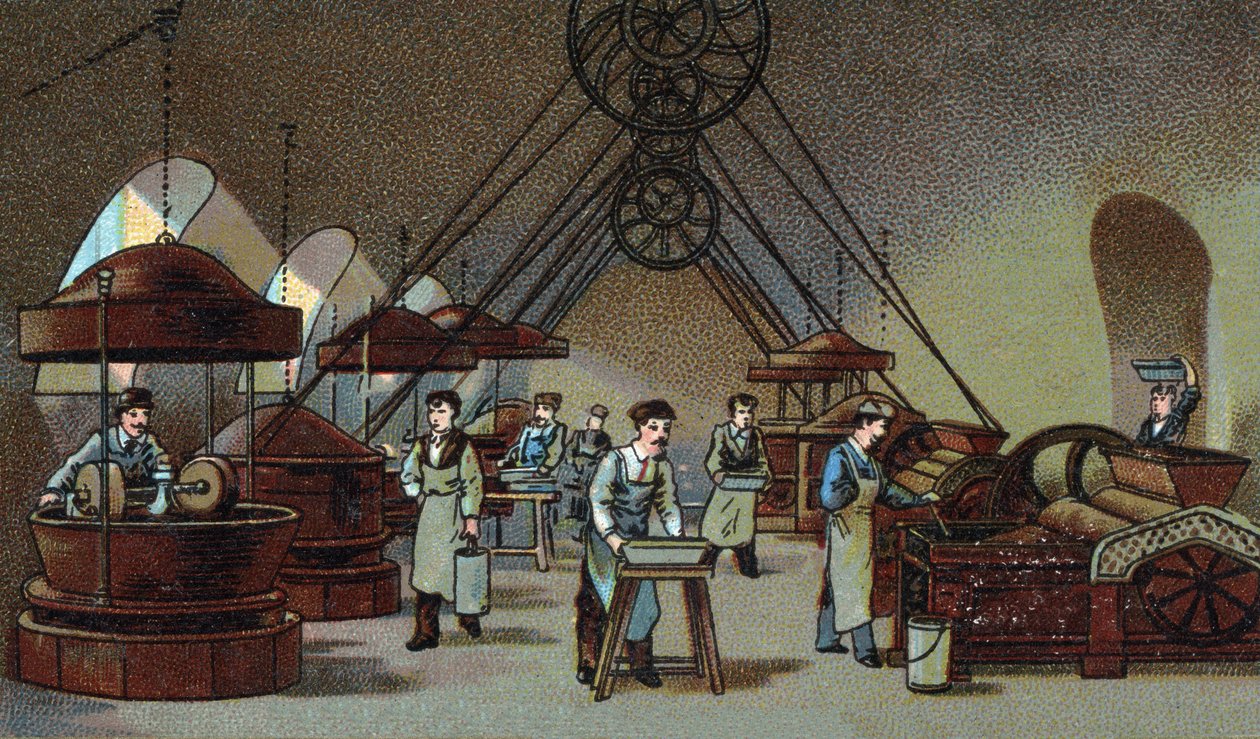 Chocoladeproductie: maalwerkplaats. Chromolithografie van het einde van de 19e eeuw door Unknown artist
