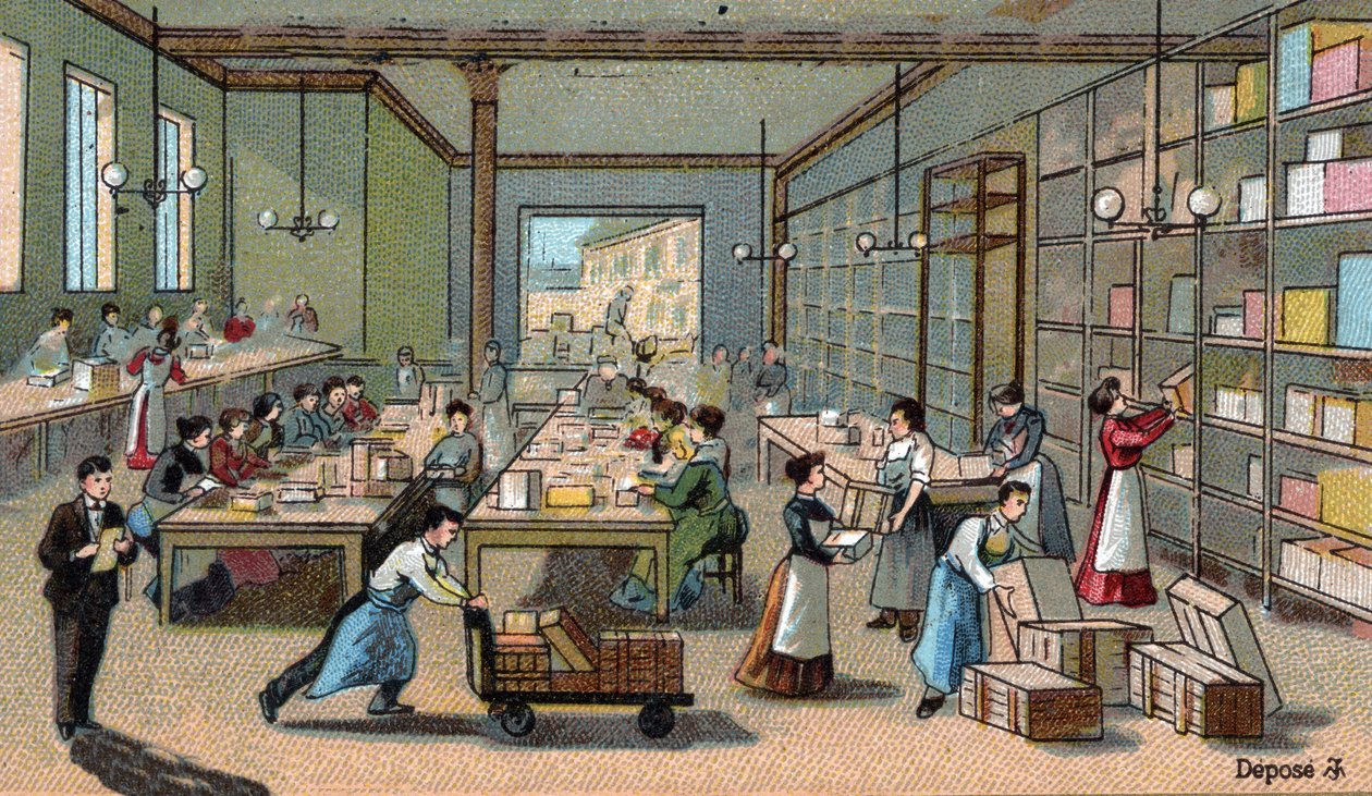 Chocoladefabricage: verpakking, verzending. Chromolithografie uit het einde van de 19e eeuw door Unknown artist
