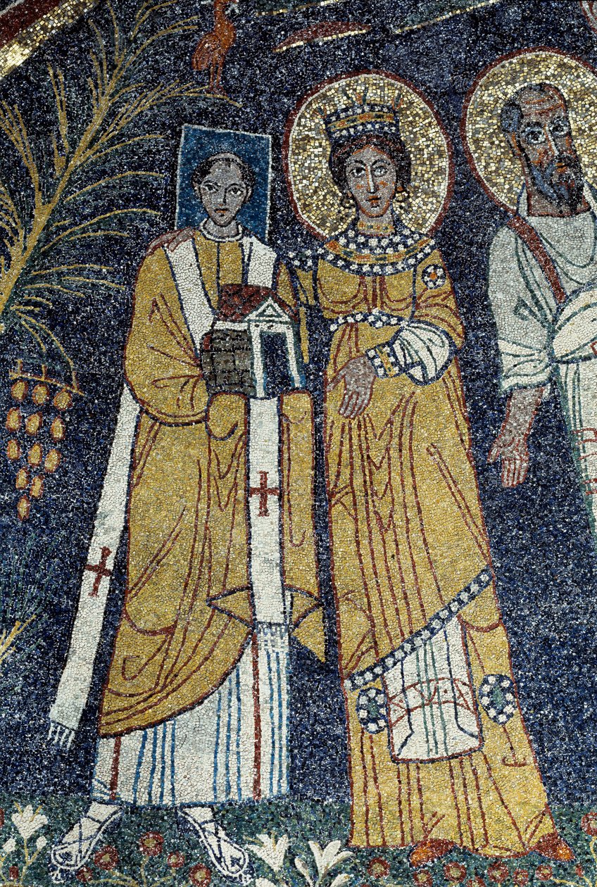 Christus tussen St. Paulus, St. Cecilia, St. Pascal, St. Petrus, St. Valeriano en St. Agata (mozaïek, 821) door Unknown artist