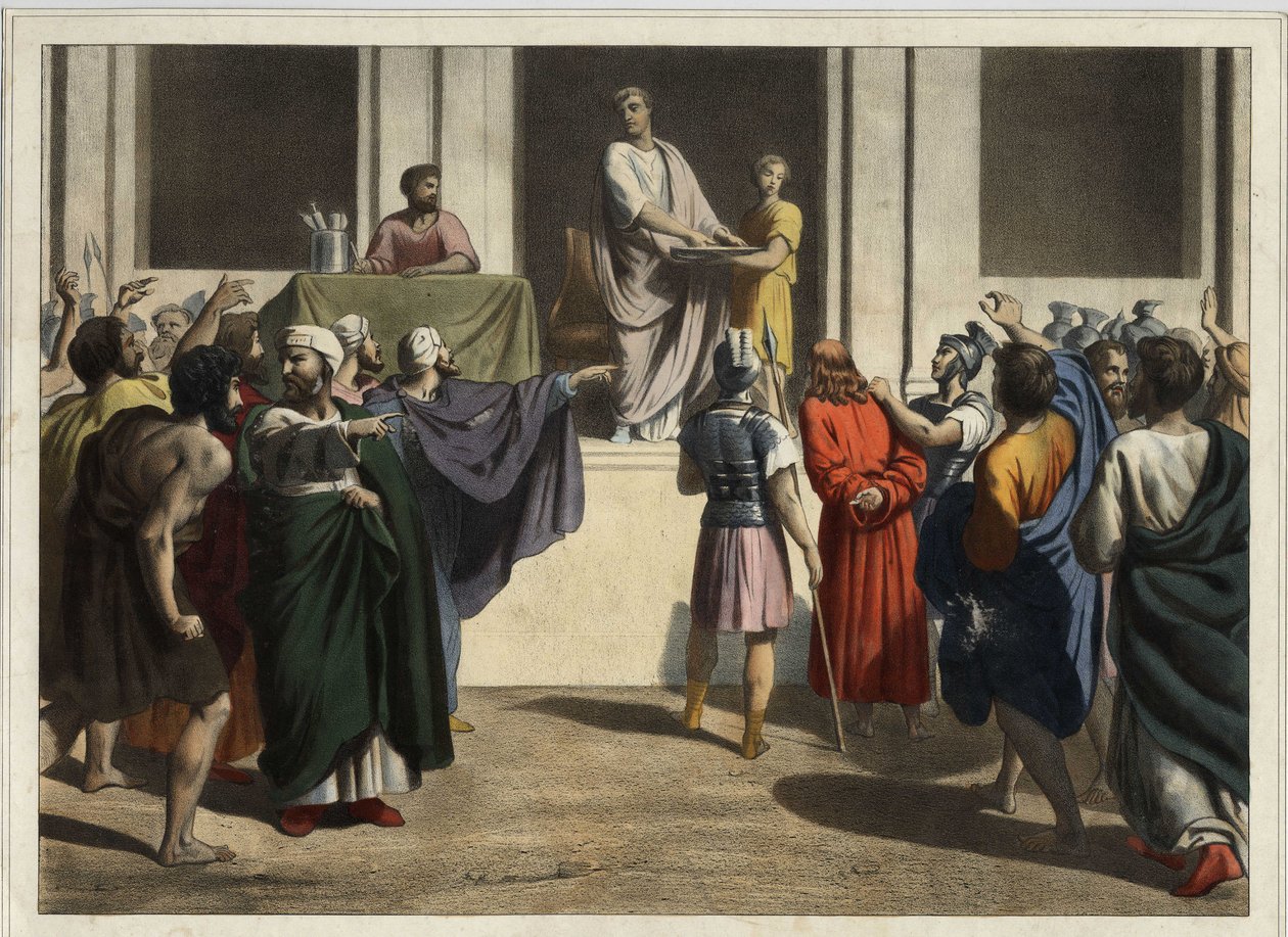 Christus voor Pontius Pilatus: Ziende dat het volk de dood van Jezus wilde en vrezende voor een oproer, nam Pilatus water, waste zijn handen voor de menigte en zei: 