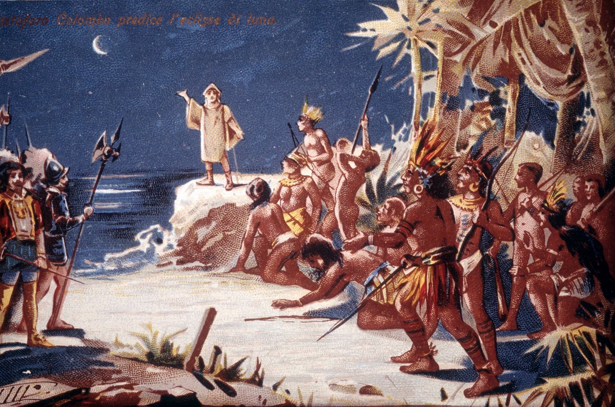 Christoffel Columbus voorspelt de maansverduistering aan de Indianen. 19e-eeuwse chromolithografie door Unknown artist