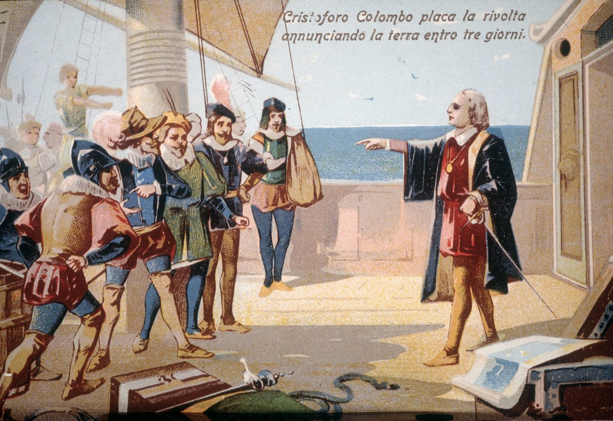 Christoffel Columbus stopte de muiterij van de bemanning door het land aan te kondigen binnen drie dagen. Chromolithografie 19e eeuw door Unknown artist