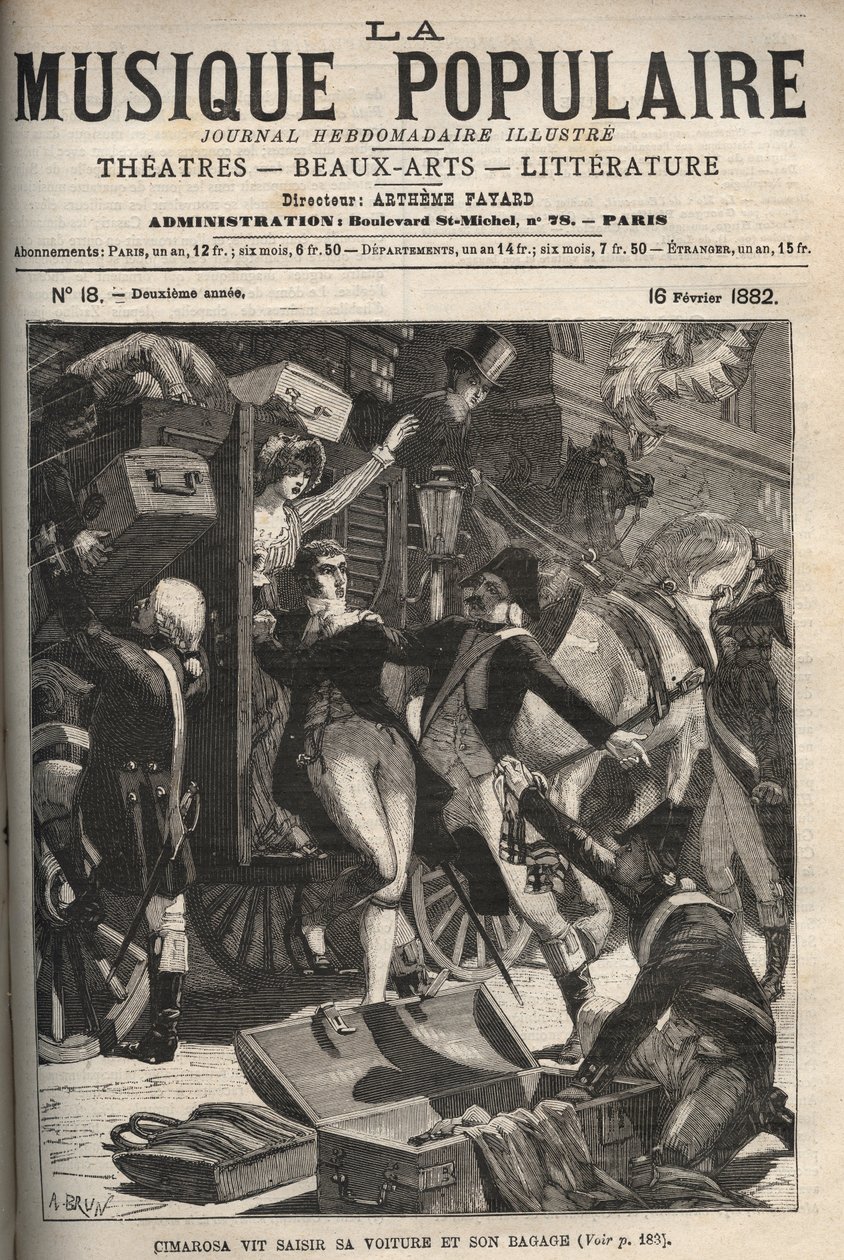 Cimarosa ziet zijn auto en bagage in beslag genomen worden (gravure uit 1882 in 