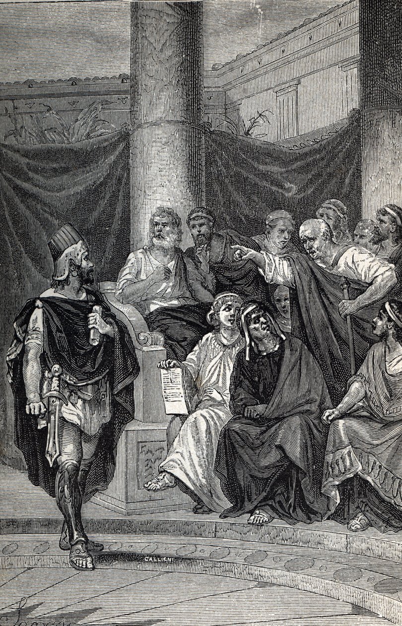 Cineas belangrijke adviseur van koning Pyrrhus probeert te onderhandelen met de Romeinen na de Slag bij Heraclea 280 v.Chr., Gravure 1884 door Unknown artist