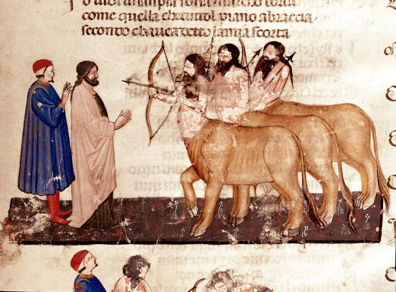 Cirkel van Gewelddadigen: Dante en Virgil ontmoeten Centauren gewapend met bogen en pijlen. Verluchte pagina die het 7e lied van de Hel uit de 