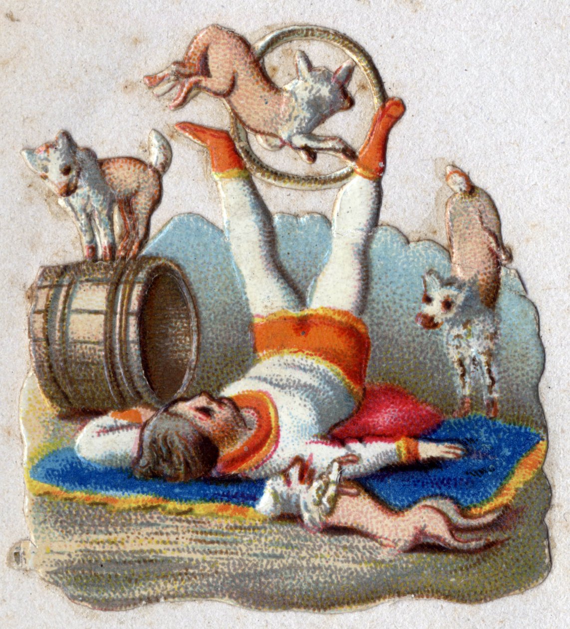 Circus: een dierentemmer met honden, waaronder een die door een hoepel springt. Chromolithografie rond 1890 door Unknown artist