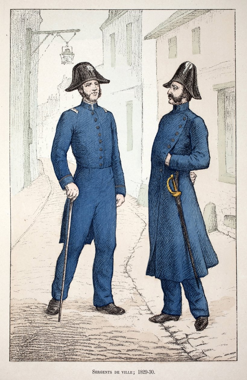 Stadssergeanten (1829-1830). Kleurgravure, ter illustratie van het boek Histoire du corps des gardiens de la paix, gepubliceerd onder auspiciën van Louis Lepine (1846-1933) prefect van politie van de Seine, door Alfred Rey (1864-?) en Louis Feron (1862-?). door Unknown artist