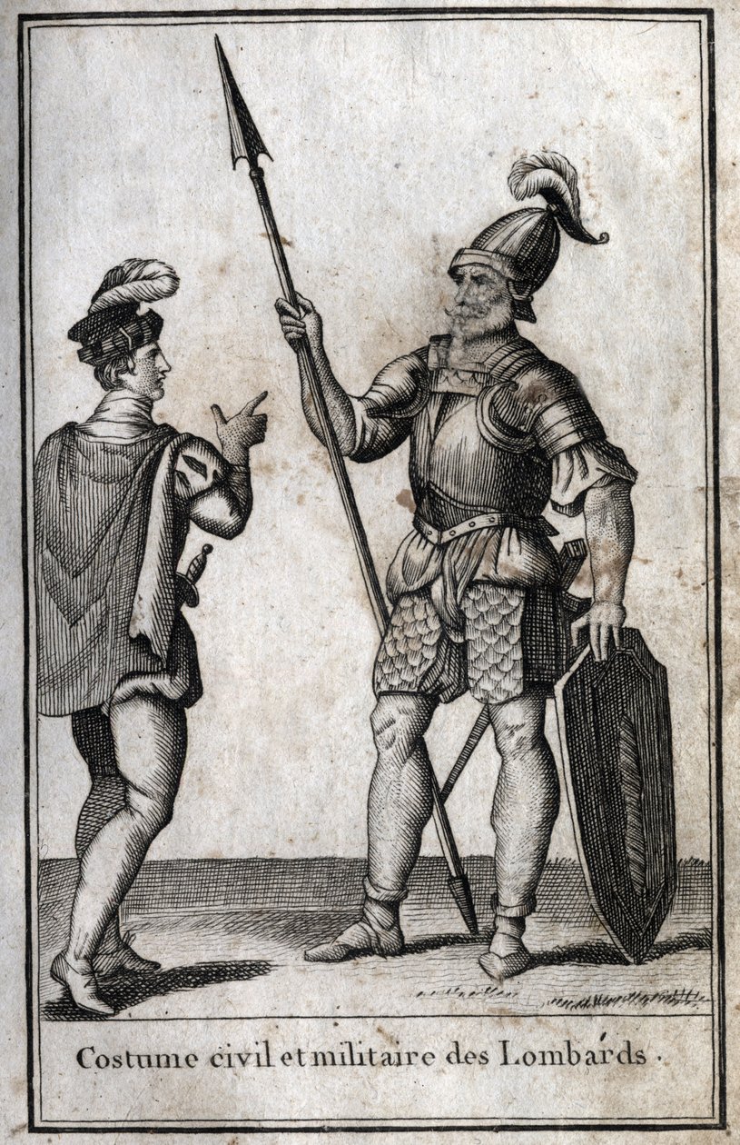 Burgerlijke en militaire kleding van de Lombarden (Lombardije) in de Middeleeuwen. Gravure in 