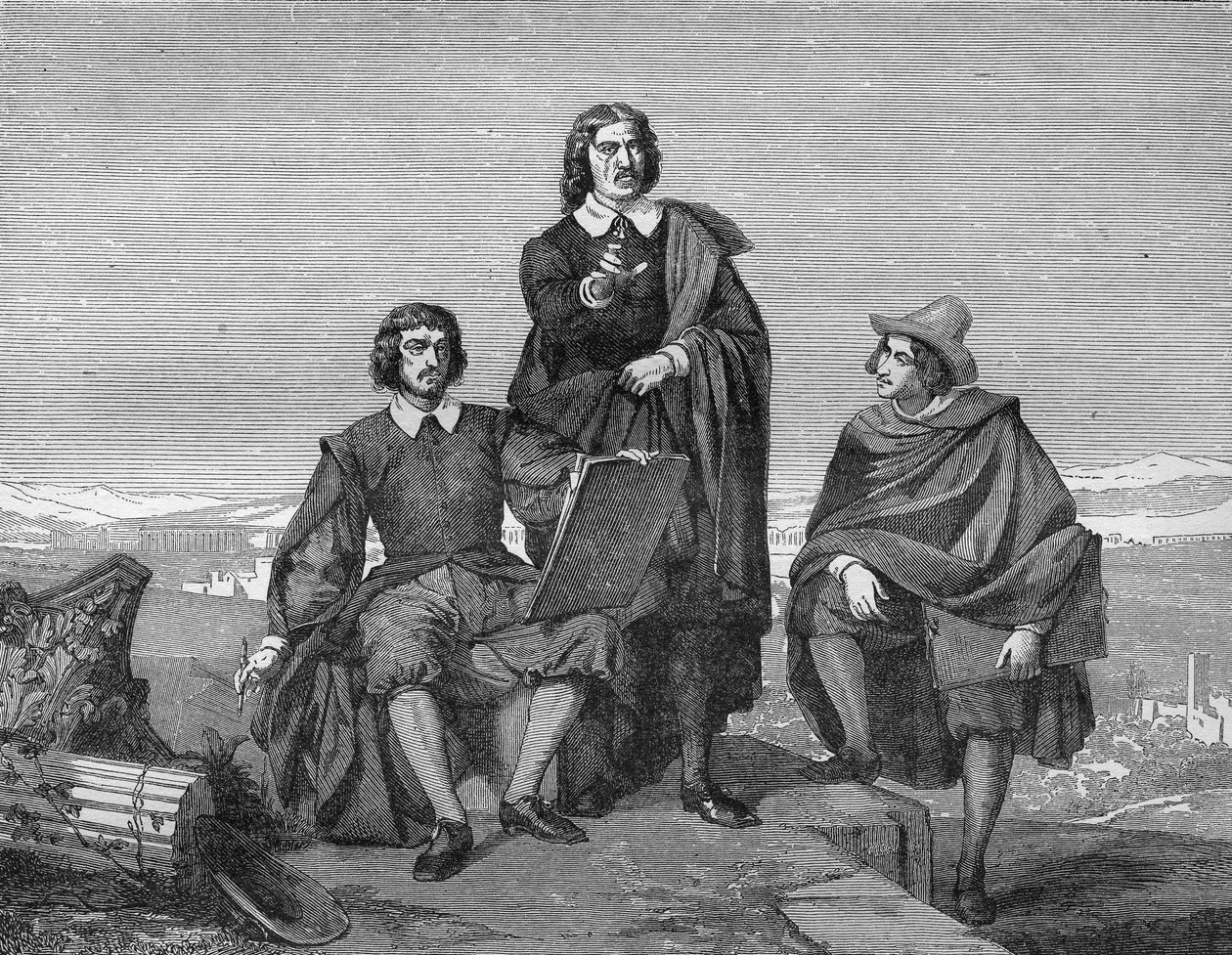 Claude Lorrain, Nicolas Poussin en Gaspard Dughet (de Guaspre Poussin) in de Romeinse regio. Gravure uit de 19e eeuw. door Unknown artist