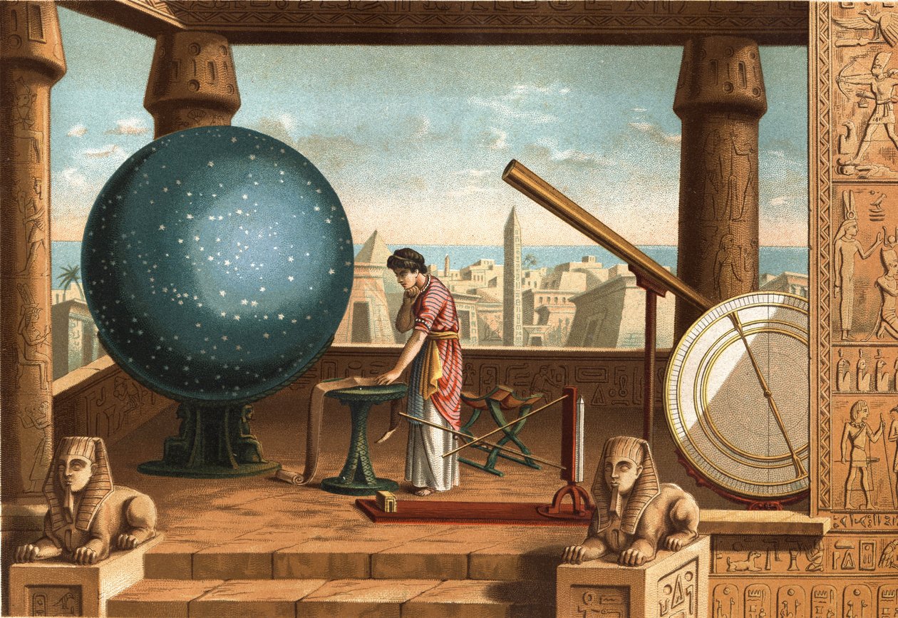 Claude Ptolemaeus (ca. 100 - ca. 170), Griekse geleerde en astronoom, in het Alexandrijnse Observatorium (Egypte). Barcelona 1877. door Unknown artist