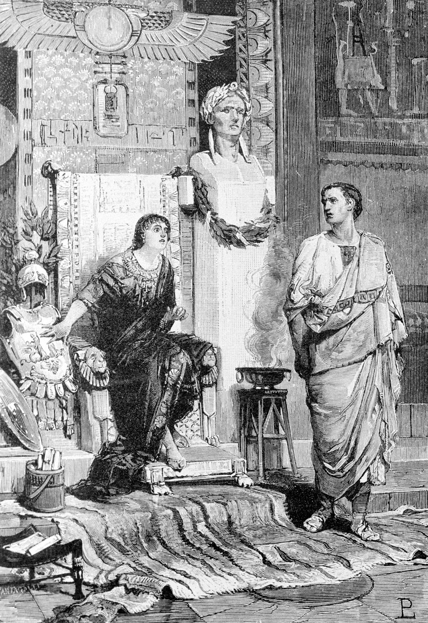 Cleopatra (69 v.Chr. - 30 v.Chr.), Koningin van Egypte en Octavianus, kwam met haar praten na de nederlaag van Actium en de dood van Marcus Antonius. Gravure uit de 19e eeuw. Storia d