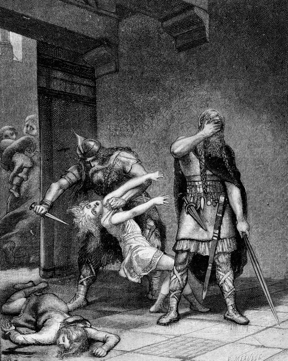 Clotaire I (v.497-561) en Childebert I, de Frankische koningen, vermoordden twee zonen van hun broer Clodomir (495-524). door Unknown artist