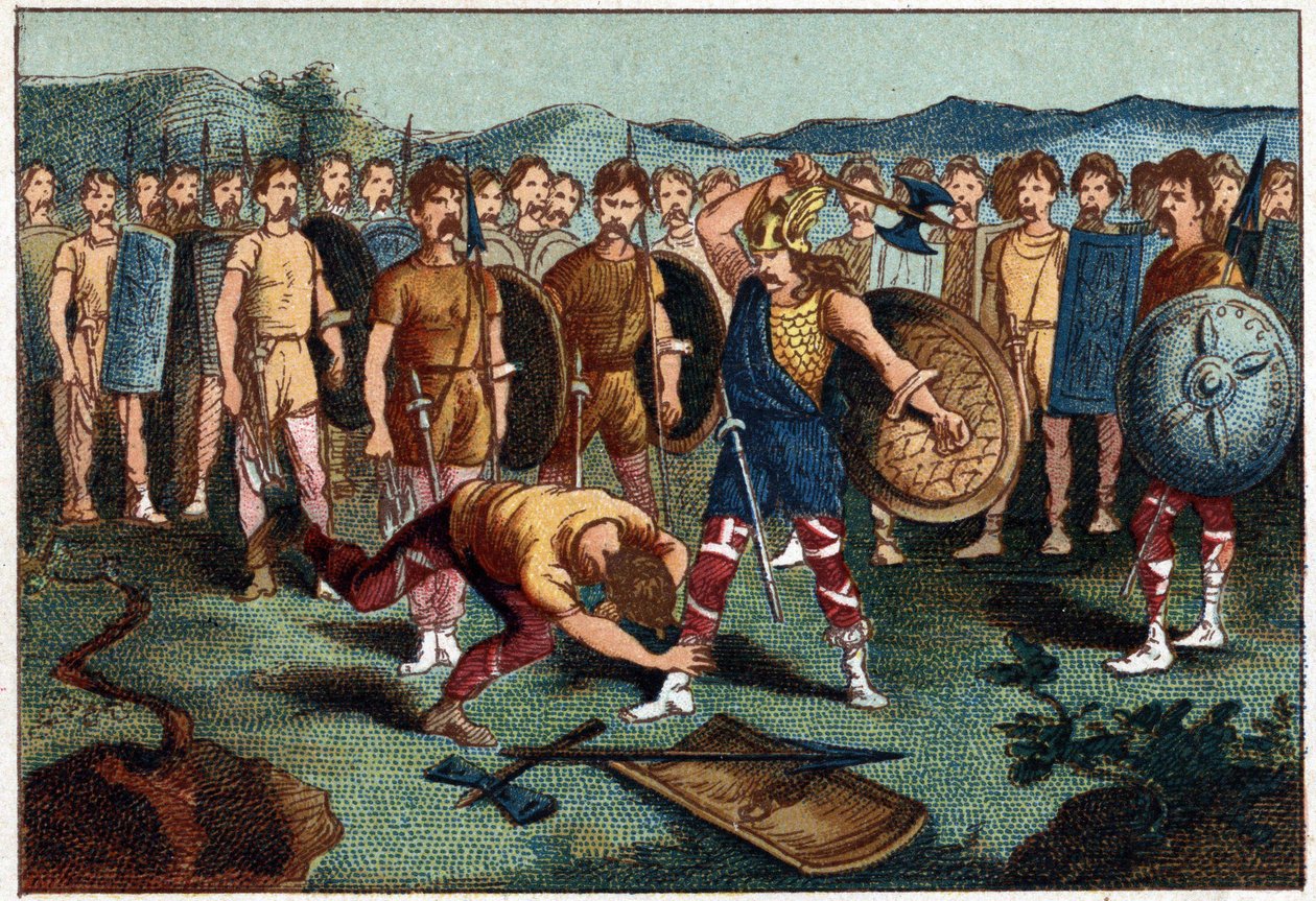 Clovis (465-511) en de Frankische krijger die de Vaas van Soissons brak in 486 - Clovis I schiet de soldaat neer die de Vaas van Soissons had gebroken, in 486. Chromolithografie van de 19e eeuw door Unknown artist