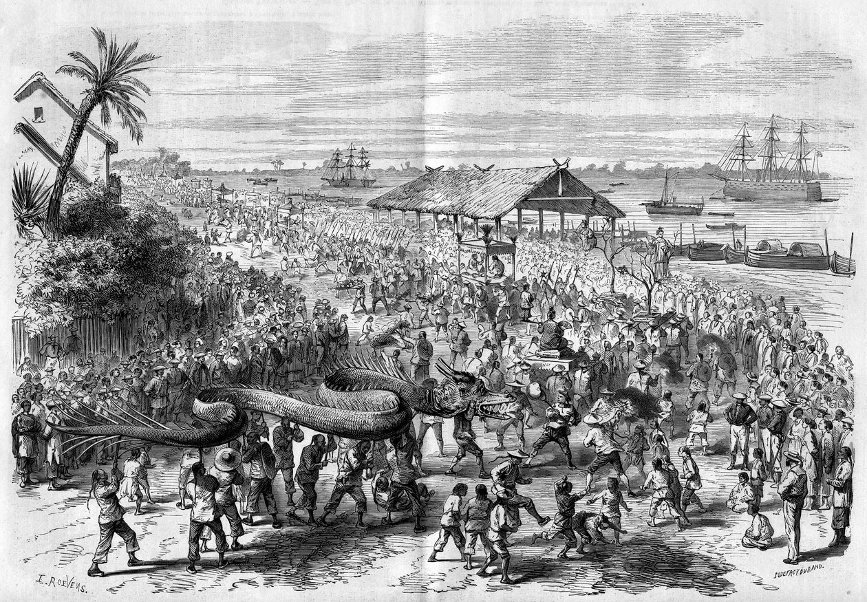 Cochinchina: jaarlijkse drakenprocessie georganiseerd door de congregatie van Saigon in 1865. door Unknown artist