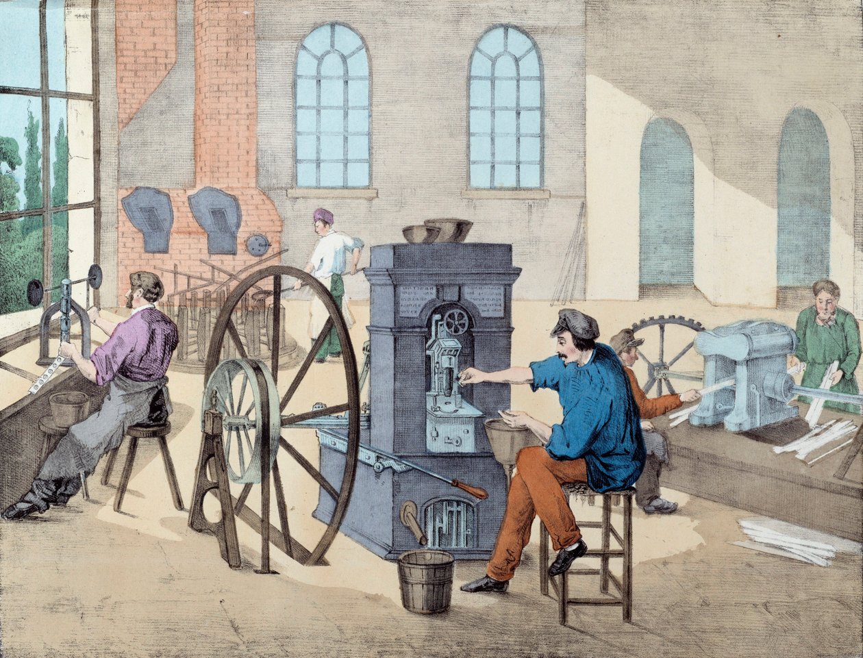 Muntproductie: arbeiders werken in een fabriek in verschillende stadia, gieten en slaan van munten. Gravure uit de 19e eeuw Parijs, decoratieve kunsten door Unknown artist