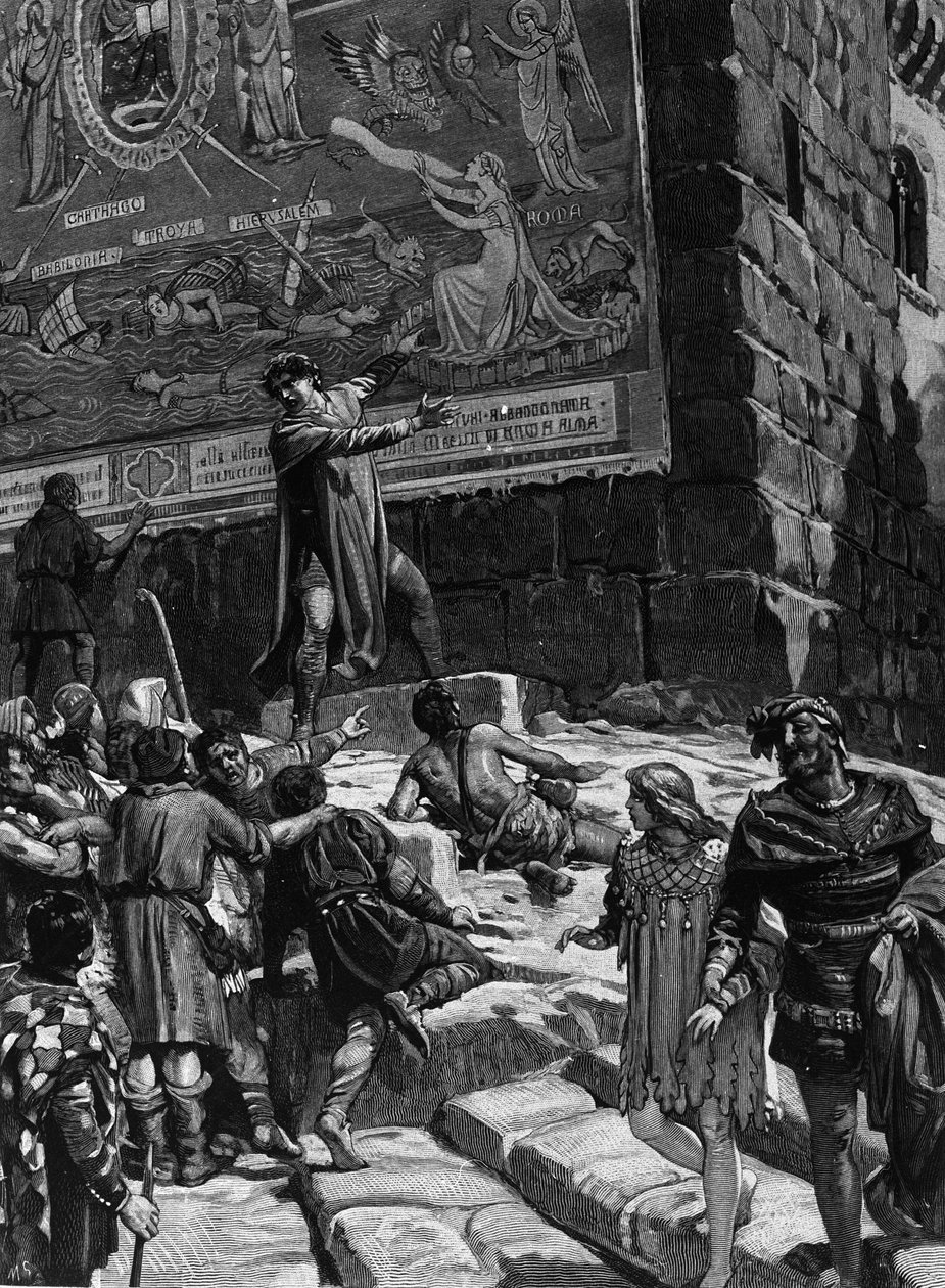 Cola di Rienzo (1314-1354), in de campagne om tribuun van het Romeinse volk te worden, legt de mensen van Rome de fresco