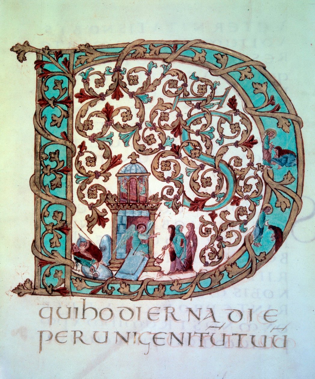Collectie van Pasen: grote initiaal (lettrine) D versierd en geïllustreerd (de Heilige vrouwen bij het graf). Miniatuur (Folio 58) van het Manuscript 