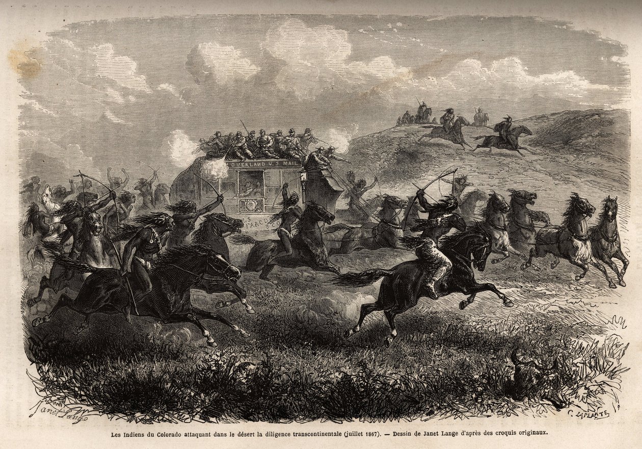 Colorado-indianen die een transcontinentale diligence aanvallen in de woestijn in juli 1867. Gravure ter illustratie van de reis naar het verre westen van Amerika, door M. L. Simonin, in 1867, gepubliceerd in 