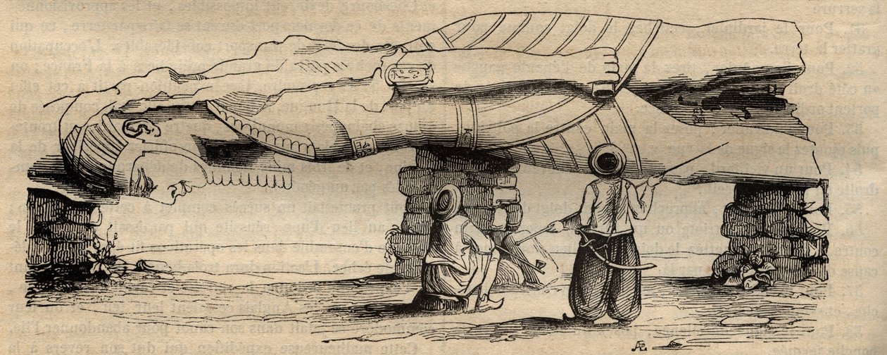 Kolossus van Ramses II gevonden in 1820, nabij de zuidelijke poort van de tempel van Ptah, door de Italiaanse reiziger Giovanni Battista Caviglia - gravure van 1838. door Unknown artist